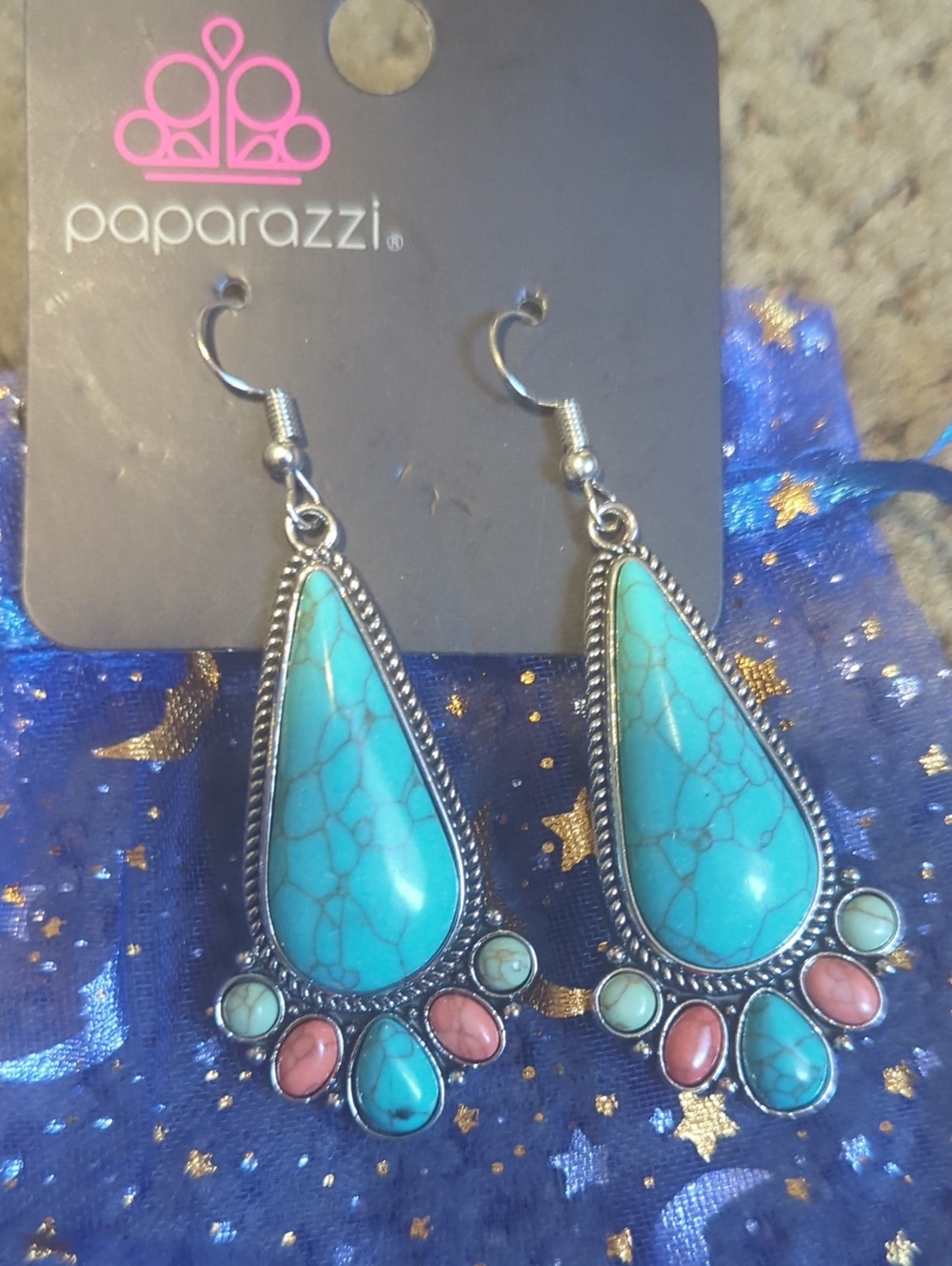 paparazzi Turquoise Teardrop Earrings with Pink and Light Green Accents